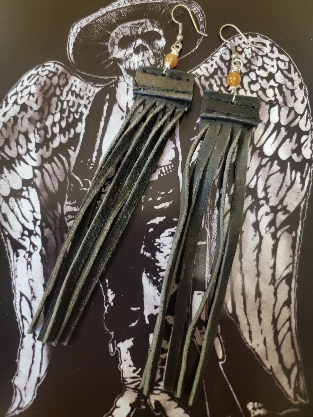 Handmade Black Leather Fringe Earrings with Peach Quartz Beads